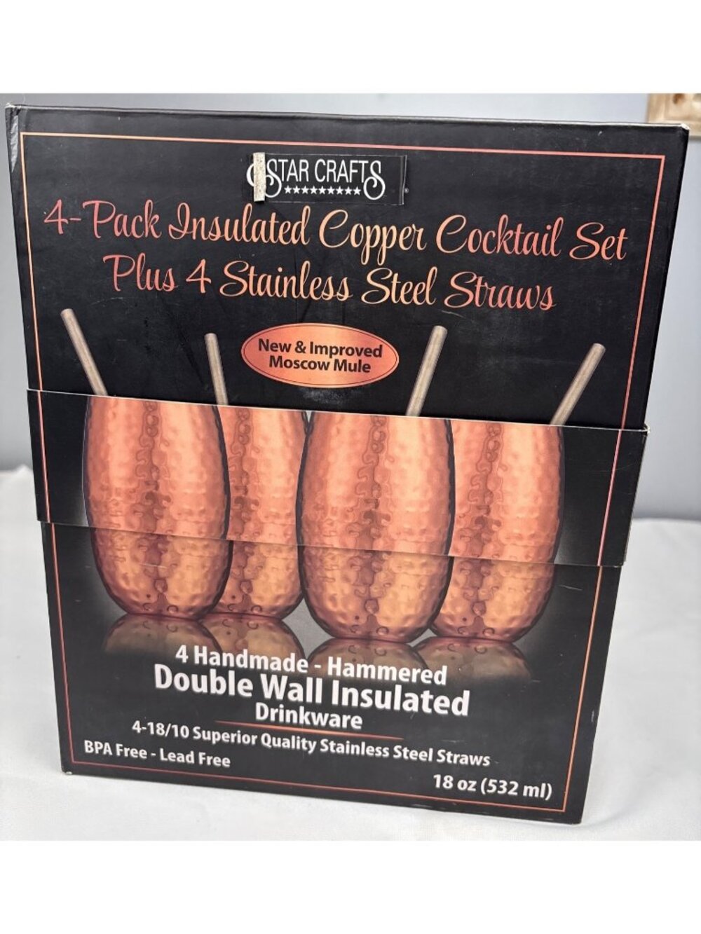 4-Pack Copper Cocktail Mugs Straws Set Handmade Hammered Insulated 18oz BPA-Free - Picture 3 of 11